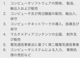 	1.	コンピュータソフトウェアの開発、 製造、輸出入および販売
	2.	コンピュータ及び周辺機器の販売、輸出入、保守
	3.	コンピュータネットワークの導入、指導及び保守
	4.	マルチメディアコンテンツの企画、 制作及び販売
	5.	電気通信事業法に基づく第二種電気通信事業
	6.	コンピュータシステムによる入力、 事務処理の受託など